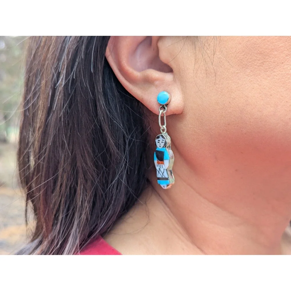 Handmade Native American Earrings Signed‎ Silver Zuni Corn Maiden Kachina **